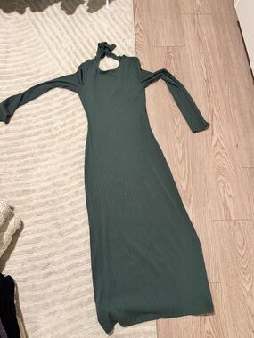 Reformation Dark Teal Ribbed Long-Sleeve Maxi Dress Open Back